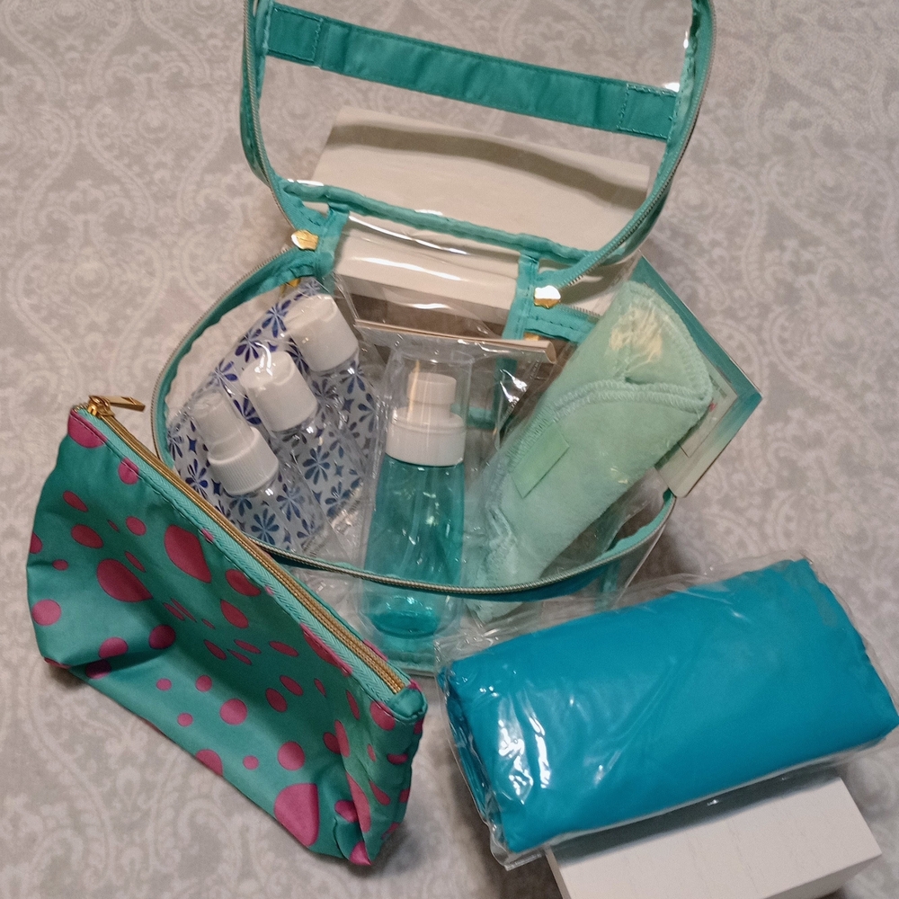 Clear Teal Travel Toiletry Bag Set with Polka Dot Pouch  ( Bundle 2 For 16)